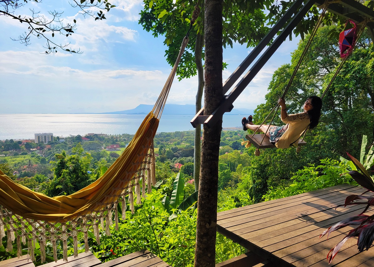 View of the jungle and the sea from Led Zep Café in Kep National Park, Cambodia
