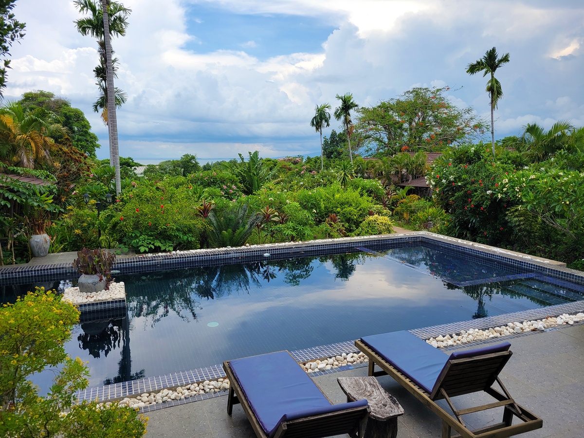 Outdoor pool surrounded by greenery at Atmaland Resort, Kep, Cambodia