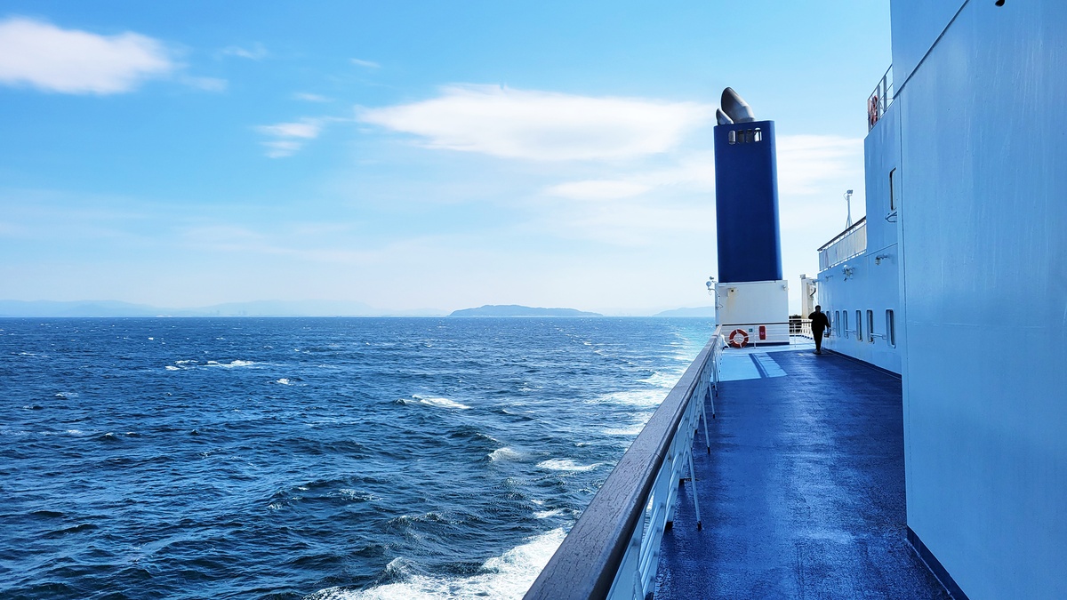 Outdoor deck of the Camellia Line ferry with a sea view