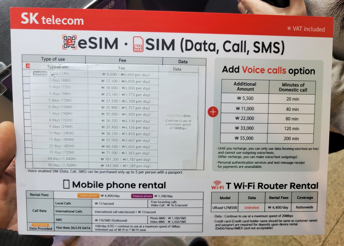 Tarifas de SK Telecom para tarjetas SIM, datos, llamadas, SMS, router Wi-Fi y alquiler de teléfonos